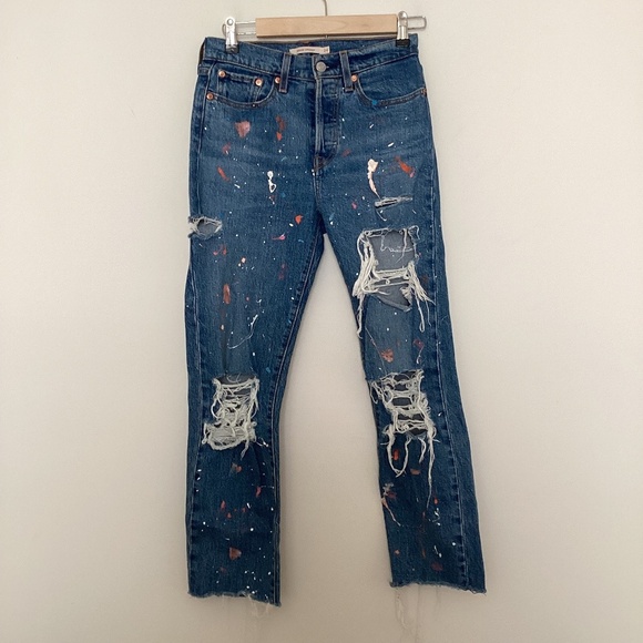 Levi’s Wedge Straight Jeans 24 Custom paint splatter Armadillo Dinosaur Patches - Picture 1 of 16
